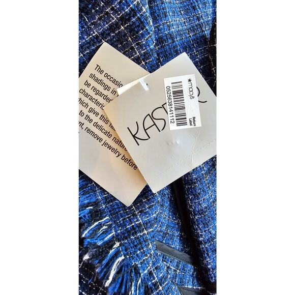 NWT Kasper Blue Plaid Fringe Open Front Tweed‎ Jacket Skirt Suit Set Winter L 12 - Picture 7 of 10